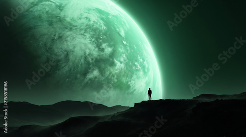 Silhouette of a lone explorer standing on a dark planet surface with a giant moon