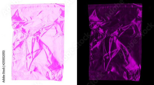Pink holographic plastic texture, crumpled metallic foil bag background, shiny iridescent poly mailer mockup for creative packaging design