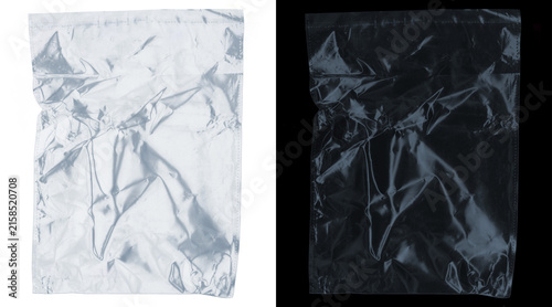Transparent plastic bag texture set, wrinkled polyethylene pouch overlays, clear zip bag mockup on white and black backgrounds