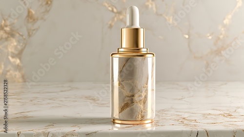 Luxury cosmetic marble serum bottle on marble surface.