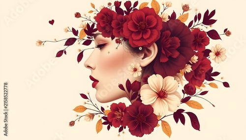 Woman's profile illustration with dahlia and rose crown