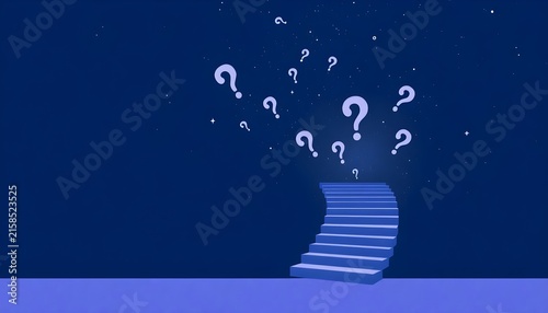 Staircase leading to question marks, uncertainty concept