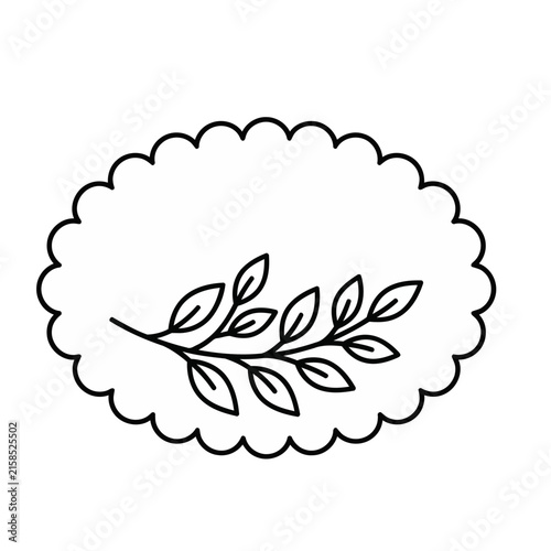 Outline of a branch with leaves inside a scalloped oval