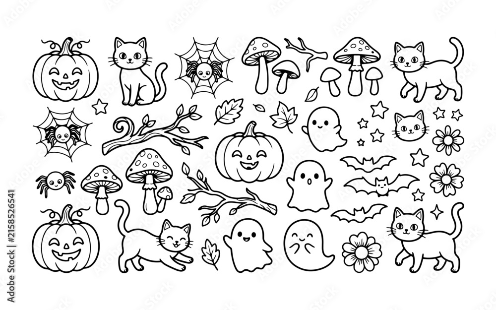 Fototapeta premium Set of cute halloween doodles with pumpkins cats ghosts bats and mushrooms as black outline drawings for festive holiday decoration projects and seasonal party designs