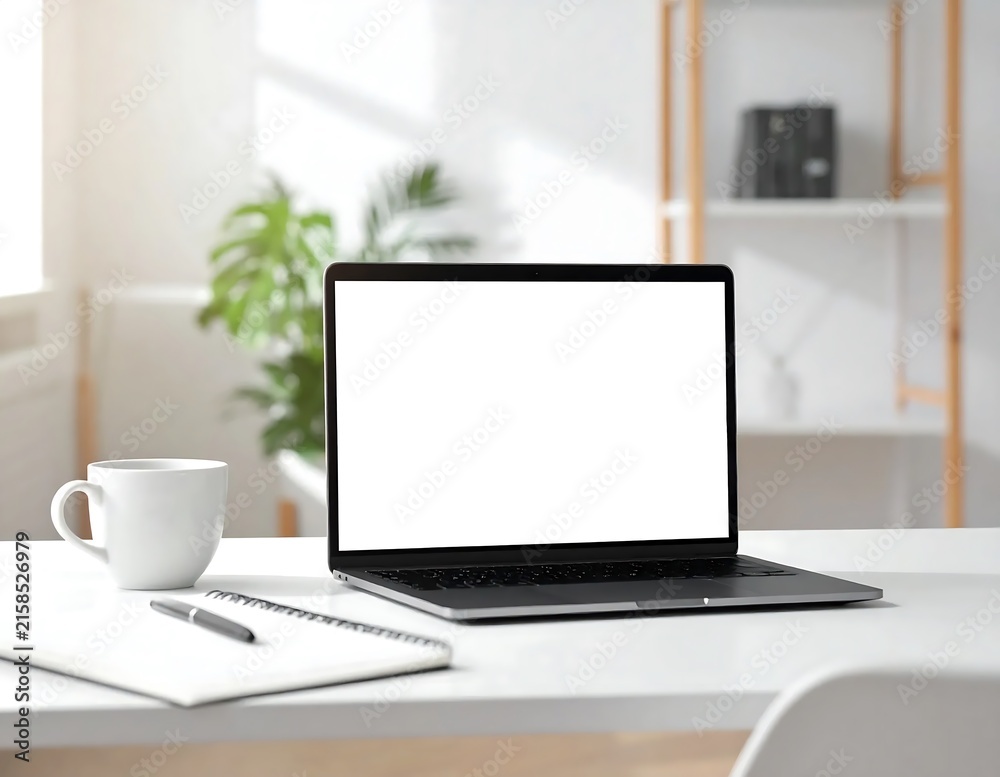 Fototapeta premium Minimalist workspace with laptop and plant on desk.