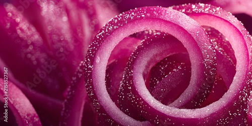 Macro photograph of fresh red onion rings covered in coarse salt against a dark background