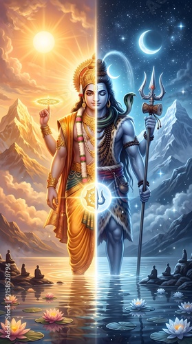 Split view of Vishnu and Shiva for dual hindu deity spiritual wallpaper.