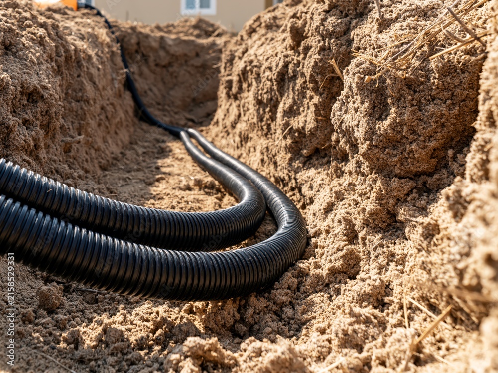Obraz premium Trenching for underground utility installation with black corrugated pipes laid in a dirt trench, highlighting infrastructure development.