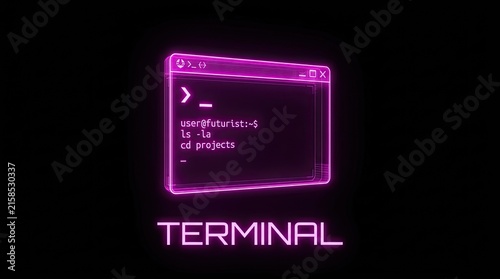 Obraz na płótnie Futuristic neon terminal window with command line code. Cyberpunk hacking and programming concept.