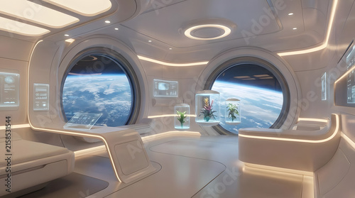 Futuristic spaceship lounge with panoramic view of Earth.