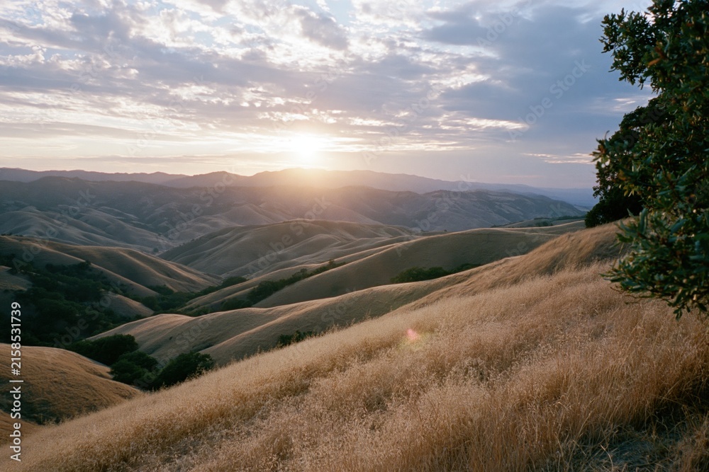 Naklejka premium The Sundrenched Rolling Hills Under a Quiet Sunset Sky Over a Vast Valley
