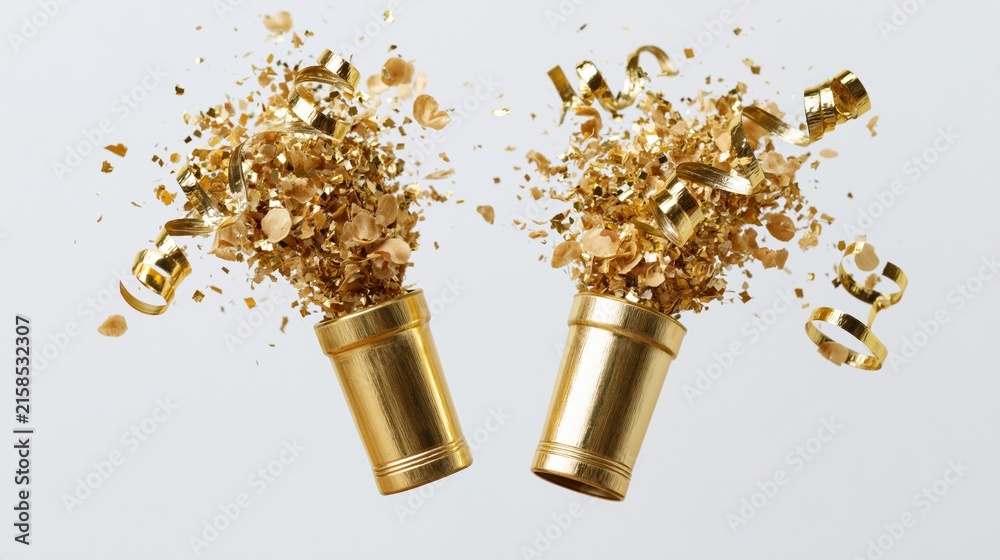 Fototapeta premium The Gold Party Poppers Exploding Confetti Creates Festive Celebration Moment