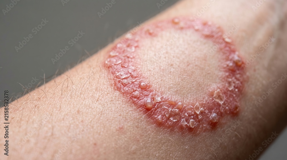 Fototapeta premium Close up of ringworm fungal skin infection with circular red scaly rash on human arm