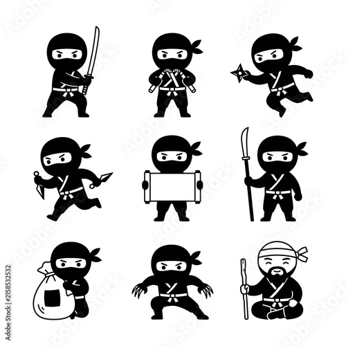 Bild auf Leinwand Set of ninja characters with katana swords and throwing stars, japanese warrior