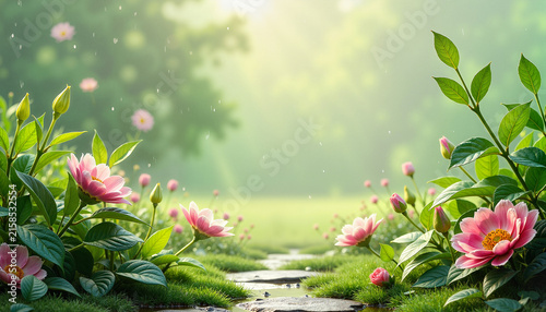 blooming pink flowers along a stone pathway in a tranquil garden scene with soft sunlight filtering through trees, concept nature wellness