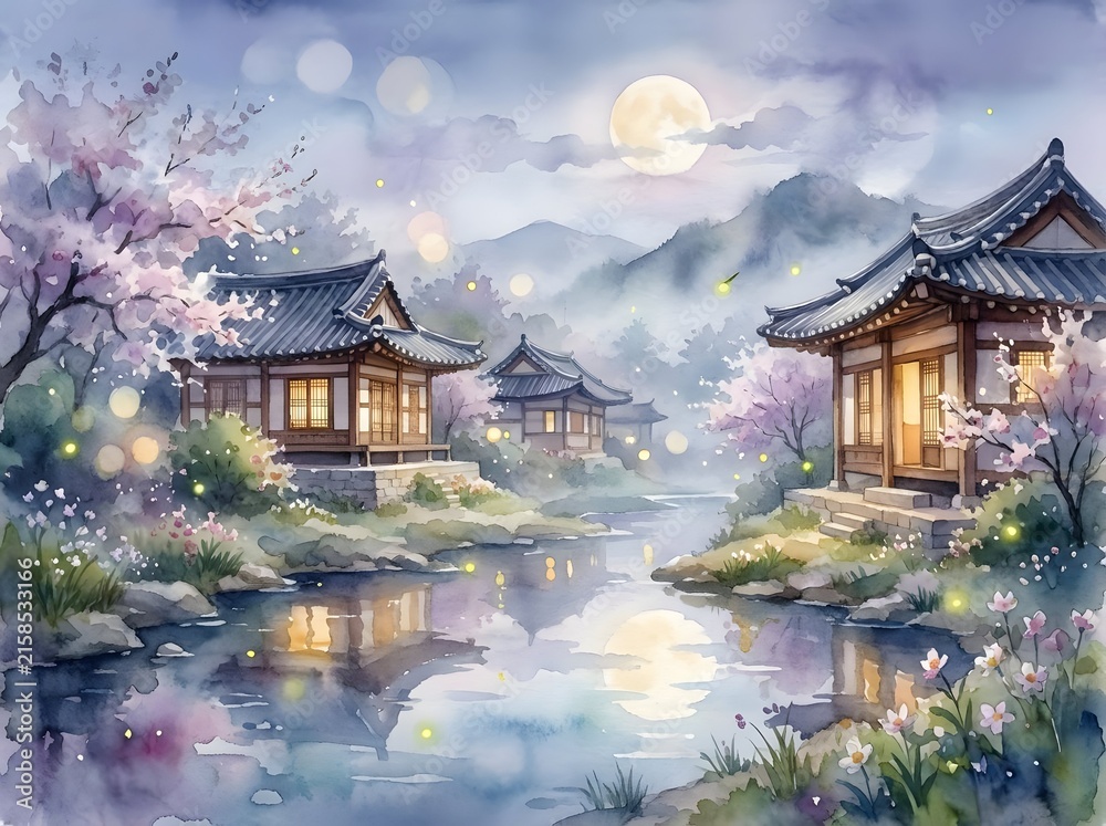 Obraz premium 달이 빛나는 밤의 한옥마을