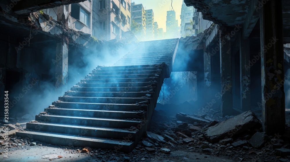 Fototapeta premium Surreal blue glowing staircase leads up through dark urban ruins. Broken concrete stairs rise amid destroyed city buildings, debris. Ethereal light shines in smoky abandoned interior of ruined