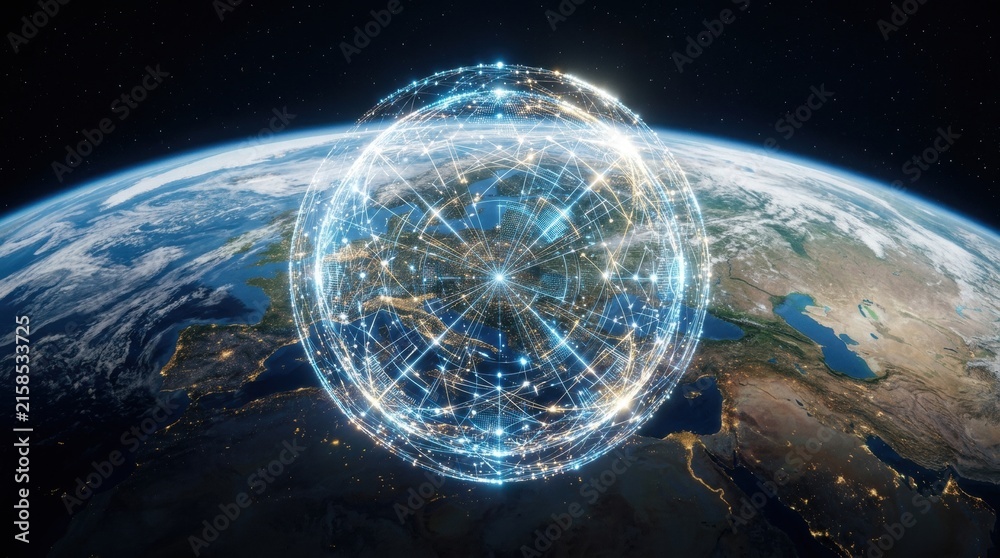 Naklejka premium Glowing digital network sphere hovering above Earth planet in space