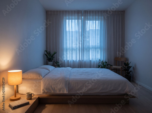 Minimalist Bedroom Interior at Night for Healthy Sleep Hygiene Concept
