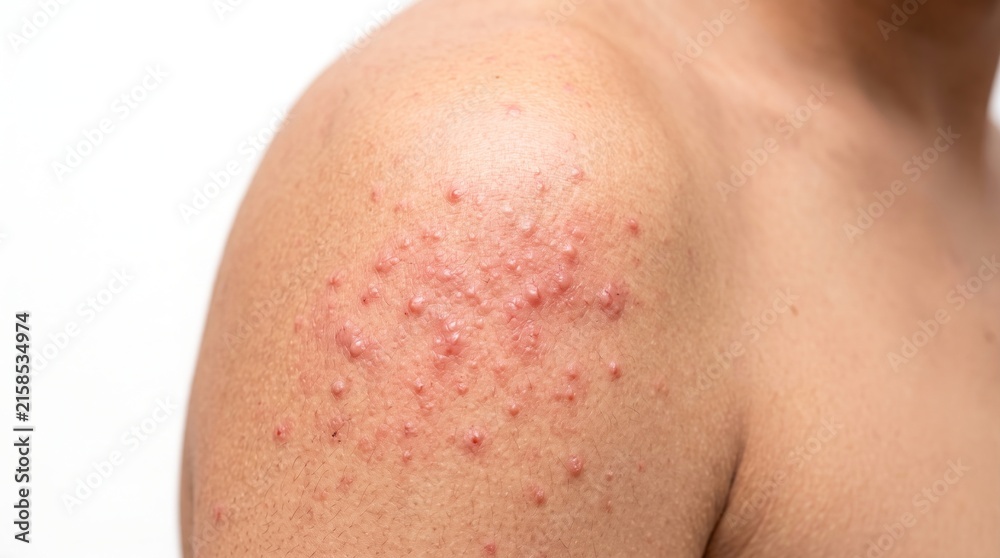 Fototapeta premium Close up shot of red acne papules rash and inflammation on male shoulder skin
