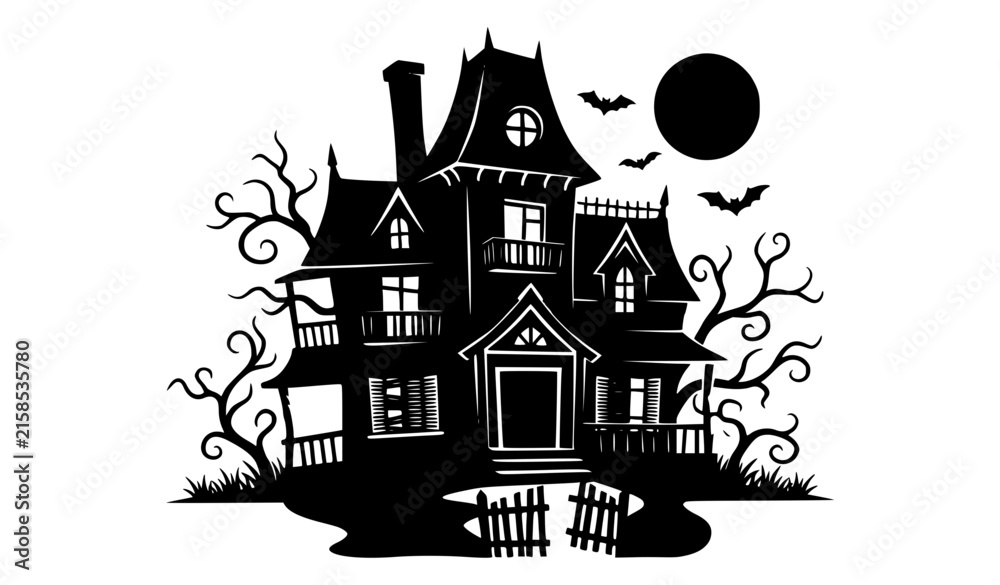 Naklejka premium Spooky Halloween ghost mansion silhouette with bats, crooked gate and full moon vector