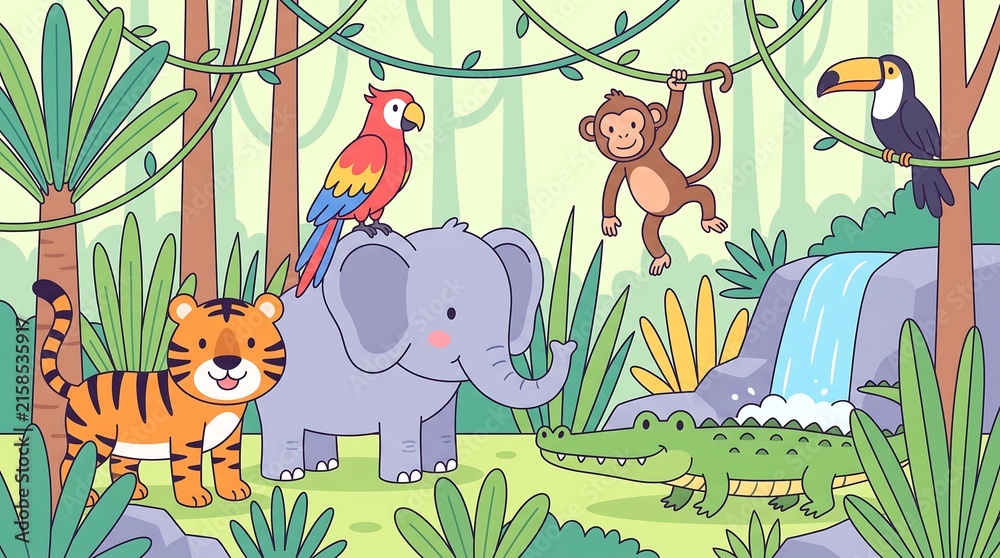 Naklejka premium Cute jungle animals illustration with elephant tiger monkey parrot and toucan in nature