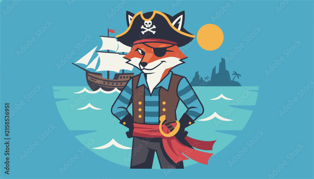 Fototapeta premium Cute fox pirate character wearing a captain hat and eyepatch standing proudly in front of a sailing ship at sea.