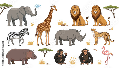 Photography African Safari Wildlife Animal Collection with Elephant Giraffe Lions Zebra Rhin
