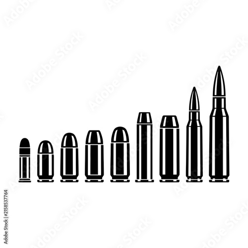 Assorted Caliber Bullets Arranged in Size Comparison Chart on White Background