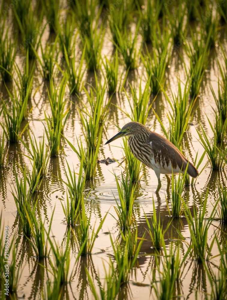Naklejka premium Indian pond heron wades through flooded rice paddy searching for food. Bird stands amidst green stalks reflected in water under warm light. Wildlife hunts in asia.