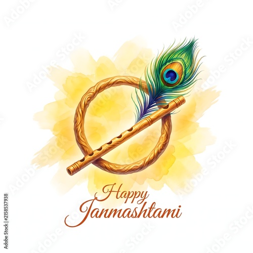 happy janmashtami traditional flute and peacock feather watercolor painting.