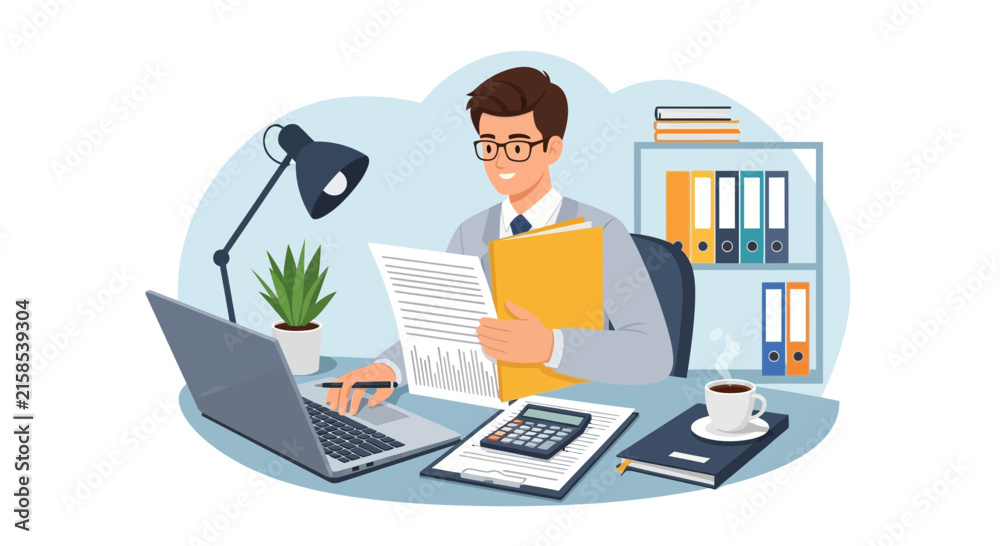 Fototapeta premium Professional accountant reviewing financial documents at a desk with laptop and calculator