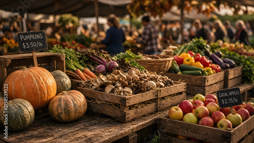 Autumn harvest scene at a local farmers market