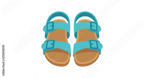 Turquoise sandals with buckles are displayed on a white background