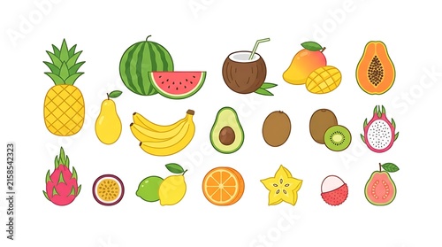 Set of Cute Cartoon Tropical Fruit Vector Icons Isolated on White Background for Design