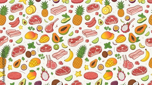 Seamless Pattern with Fresh Tropical Fruits and Meat Cuts Hand Drawn Illustration for Food Background Design
