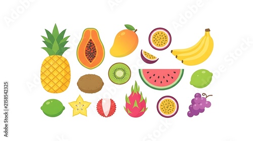 Tropical Fruit Vector Set with Pineapple, Mango, and Watermelon for Healthy Diet and Food Designs