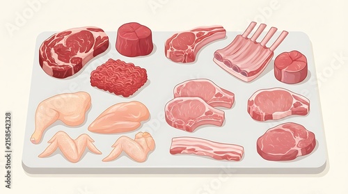 Various Cuts of Fresh Raw Meat and Poultry on White Board Isometric Illustration