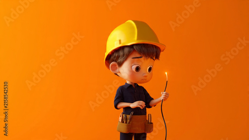3D Illustration of Cute Little Boy Electrician with Hard Hat Holding Sparking Wire on Orange Background