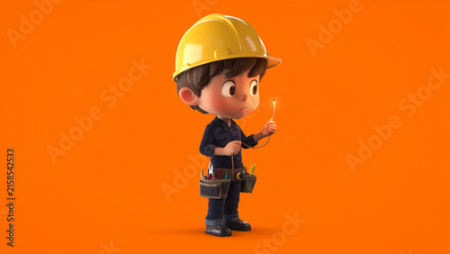 Charming 3D animated electrician character, a little boy in a yellow hard hat and tool belt, carefully holding an electrical wire, symbolizing skilled electrical work and safety
