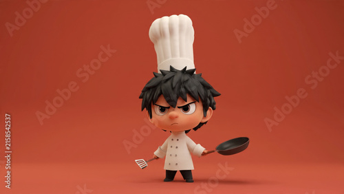3D illustration of an angry little chef boy wearing a tall hat holding a spatula and frying pan