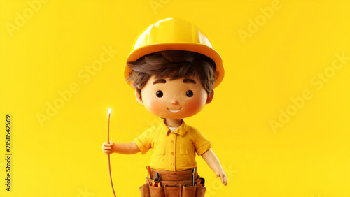 A cheerful cartoon electrician, wearing a yellow hard hat and tool belt, holds a wire with a spark, ready for work on a bright yellow background