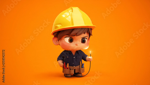 Adorable 3D Cartoon Electrician Character Holding a Glowing Cable on an Orange Background