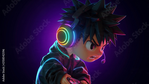3D illustration of a young anime gamer boy with glowing neon RGB headphones playing games