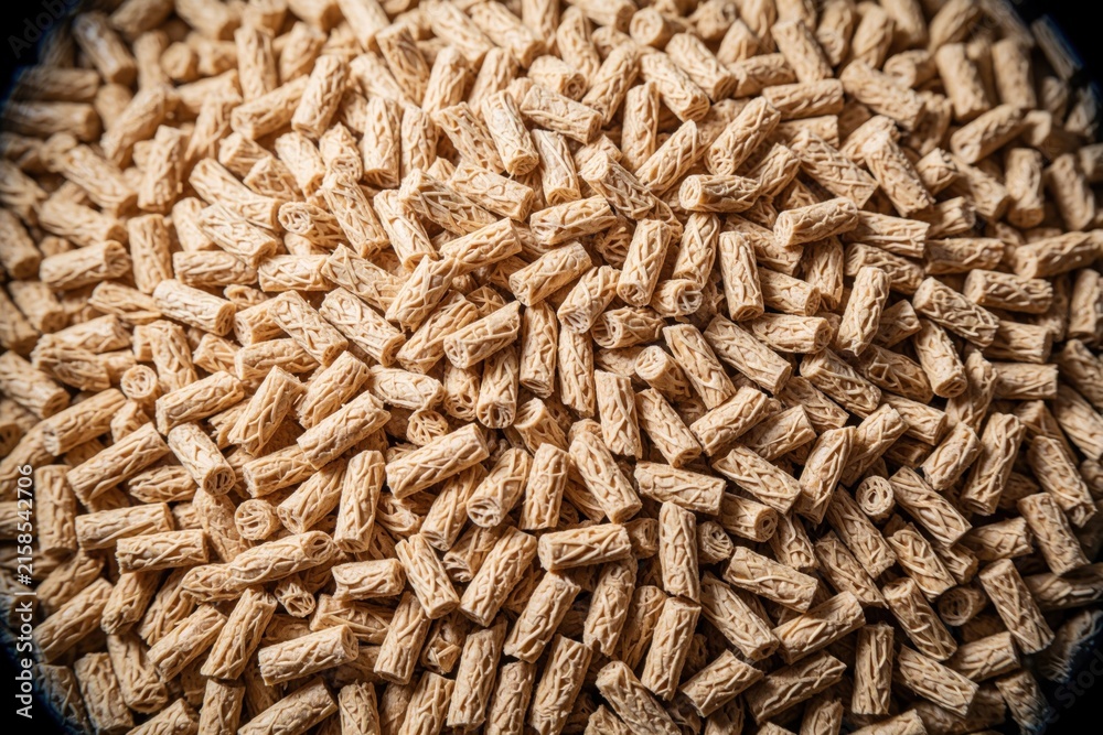 Obraz premium Wood pellet cat rubbish fills a pile. Natural, eco-friendly filler pellets made from sawdust. Absorbent material for pet waste in a litter box.
