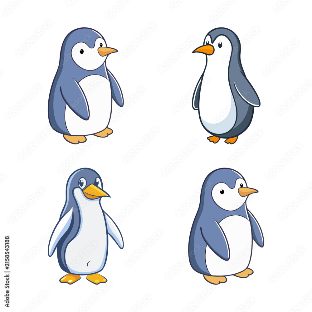 Obraz premium Four cute cartoon penguins standing in line - Four cheerful cartoon penguins in black, white, and orange colors standing in a simple, playful line formation.