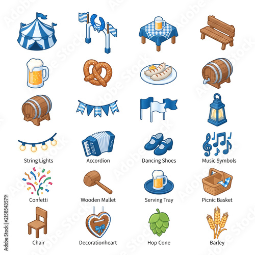 Oktoberfest Icons Set Beer Pretzel Accordion Decorations Food and More