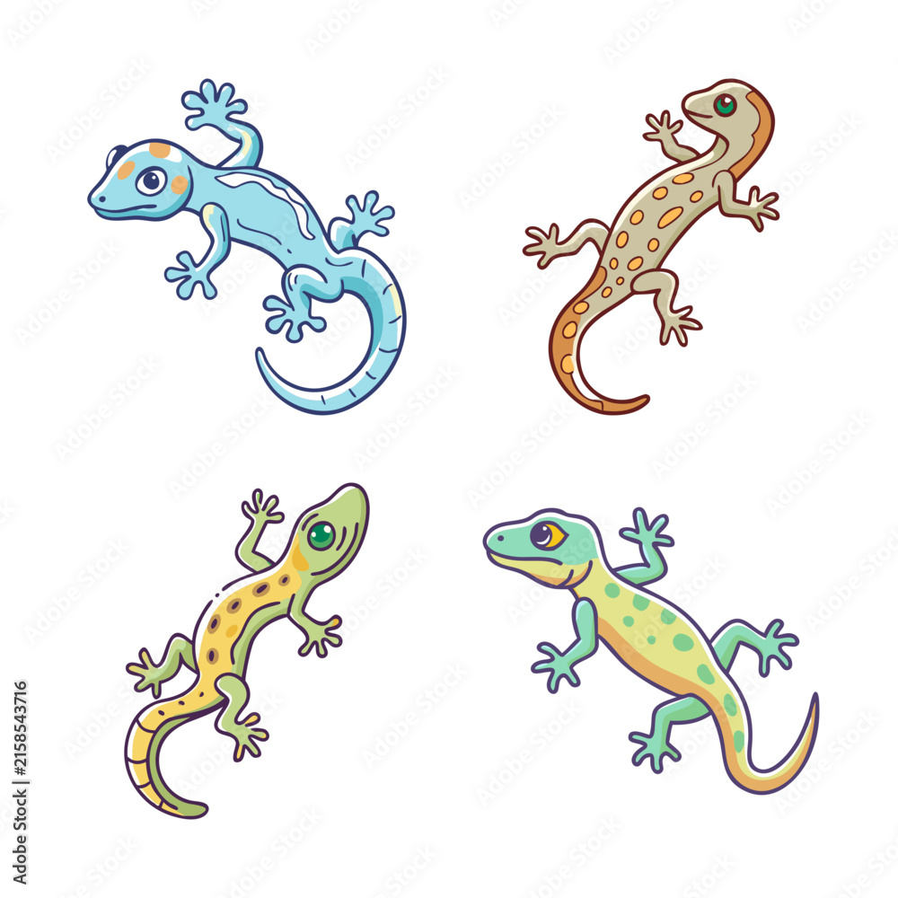 Obraz premium Four colorful cartoon lizards illustration - Bright and cheerful cartoon lizards in different colors arranged in a playful formation.