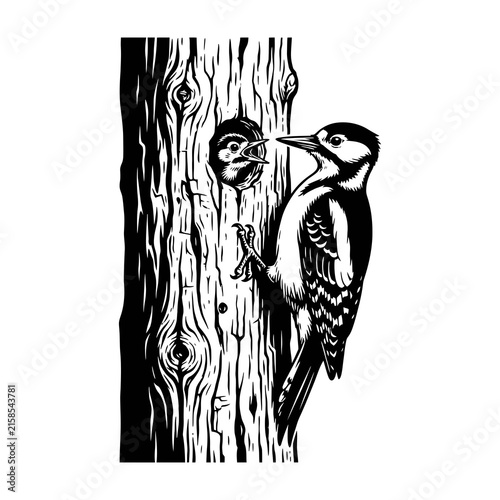Vintage Woodcut Illustration Of A Great Spotted Woodpecker On A Tree Trunk Pecking