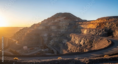 Vast open-pit mine with layered terraces under warm sunrise light, showcasing industrial excavation and mineral extraction.
